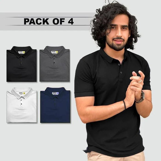 Cotton Blend Solid Half Sleeves Mens Polo Neck T-Shirt (Pack of 4)